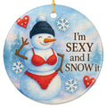 Snowman in a Knit Hat and Red Swimwear Waving Beside Pines and Hearts. Ceramic Novelty Keepsake for Adults.