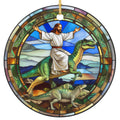 Robed Figure With Arms Outstretched Atop a Green Raptor Inside a Mosaic Tile Border. Ceramic Keepsake.