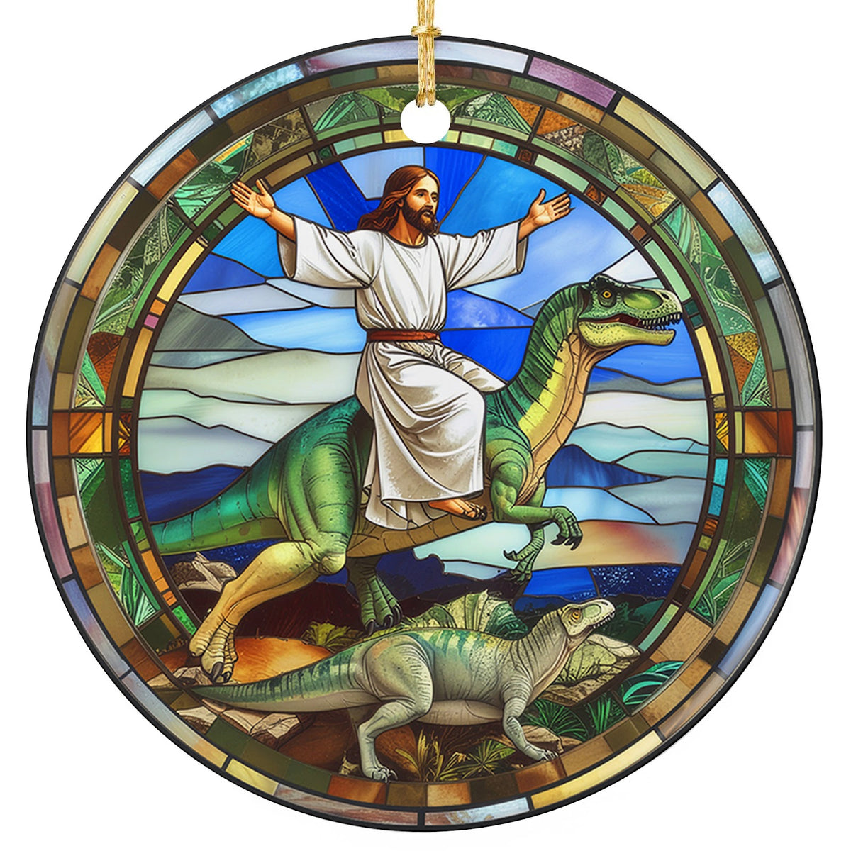 Robed Figure With Arms Outstretched Atop a Green Raptor Inside a Mosaic Tile Border. Ceramic Keepsake.
