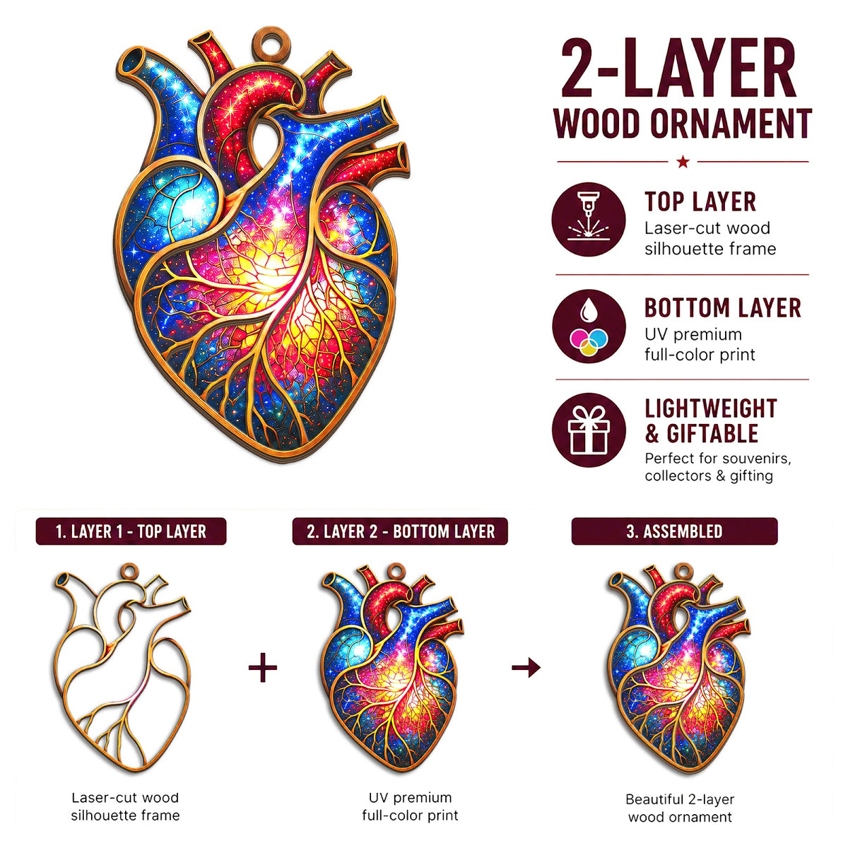 Anatomical Heart Human Biology Christmas Ornament, Stocking Stuffer For Nurse, Wood Ornament