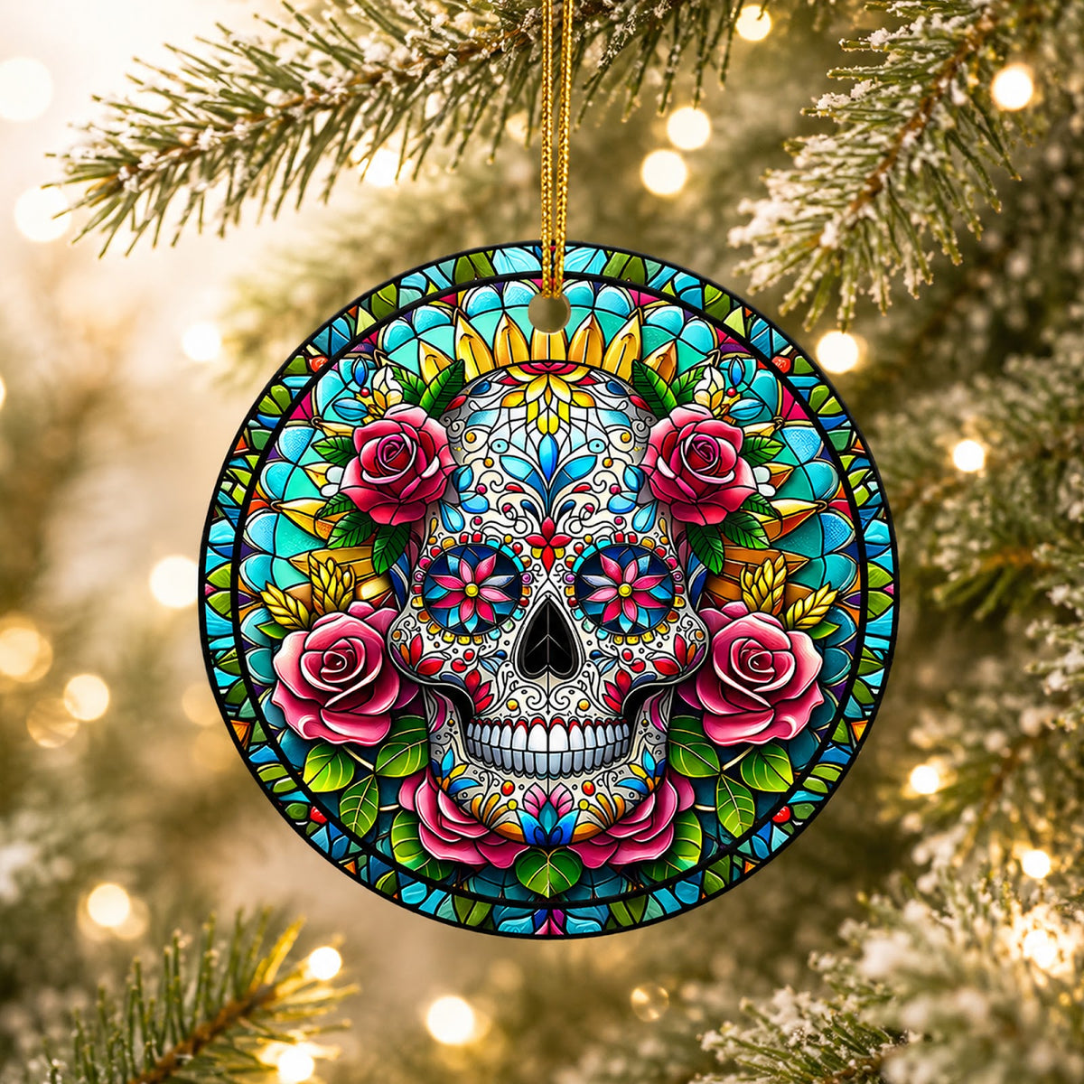 Sugar Skull Christmas Ornament, Stained Glass Day Of The Dead, Ceramic Hanging Tree Decoration