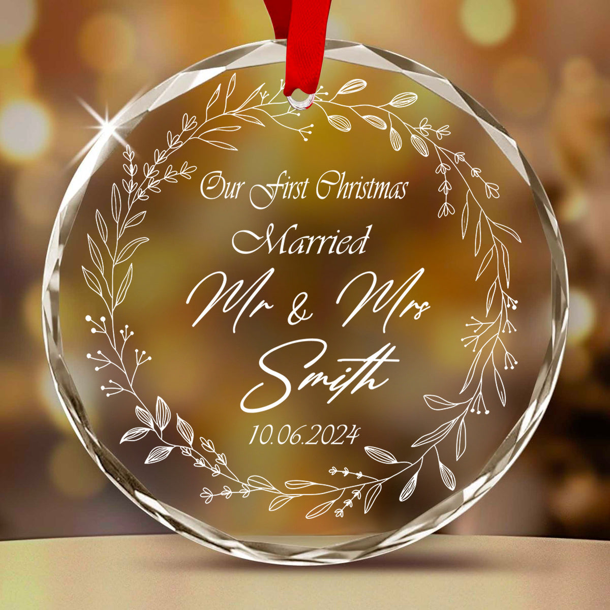 Personalized Mr and Mrs Surname Glass Christmas Ornament, Wedding Gift