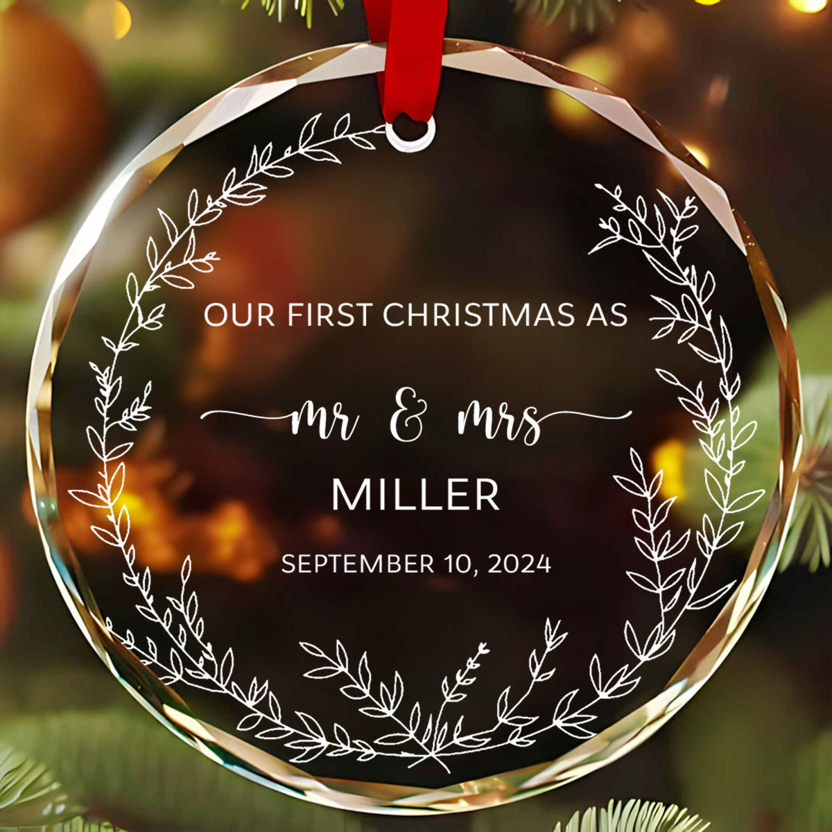 Personalized Clear Glass Merry and Married Ornament, Newlywed Christmas Gift