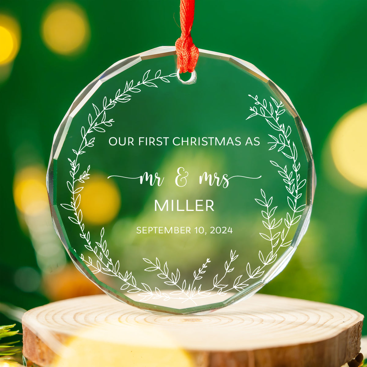 Personalized Clear Glass Merry and Married Ornament, Newlywed Christmas Gift - image 2