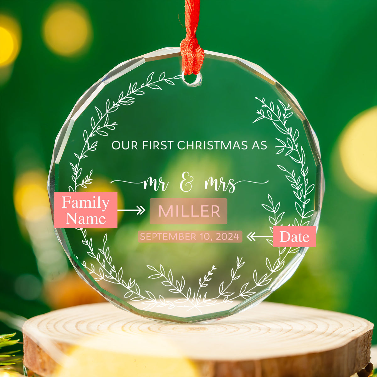 Personalized Clear Glass Merry and Married Ornament, Newlywed Christmas Gift - image 3