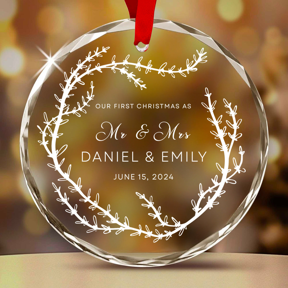 Personalized Mr and Mrs First Christmas as Married Glass Ornament, Names and Date