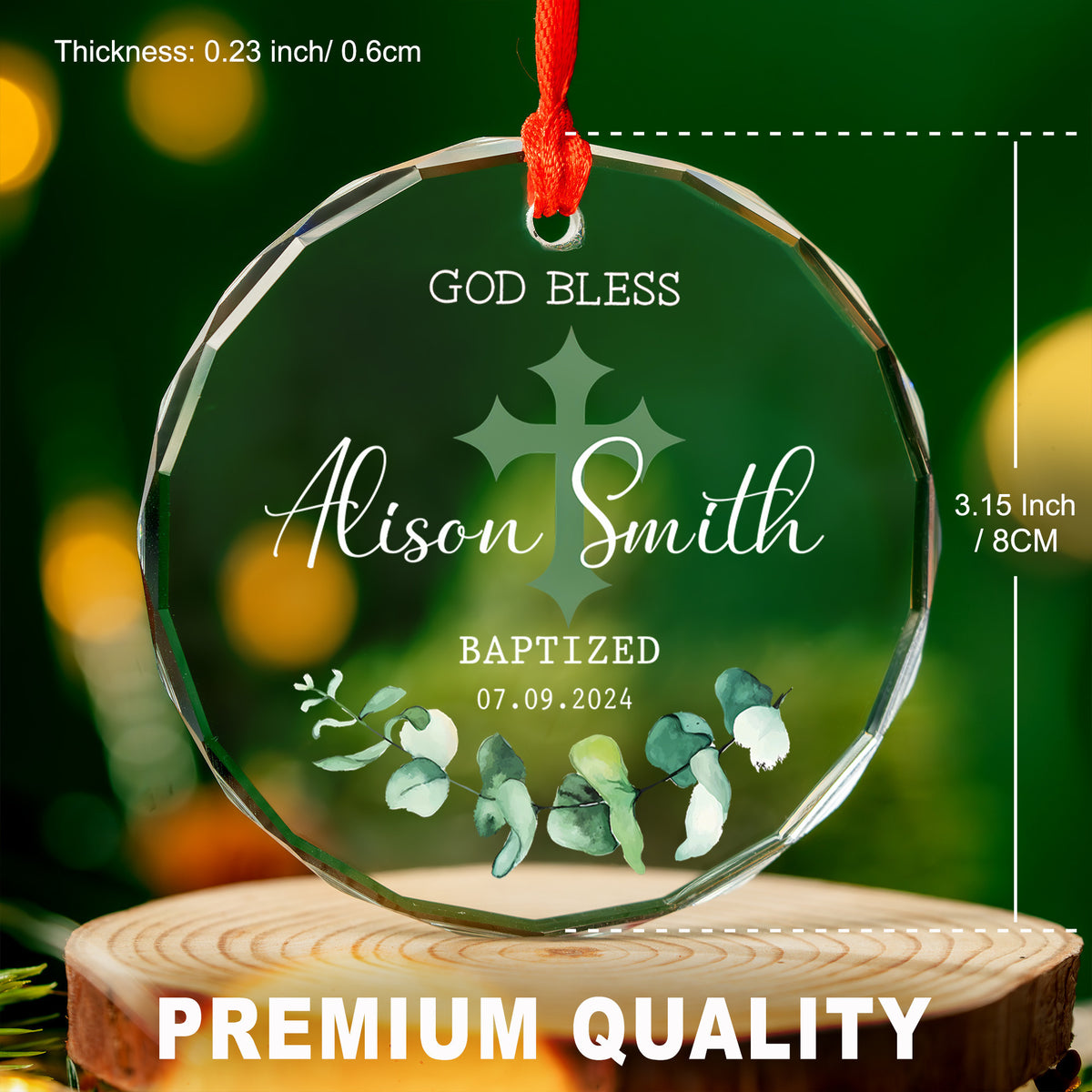 Personalized God Bless Green Cross Baptism Glass Christmas Ornament, Christening Gift - image 2