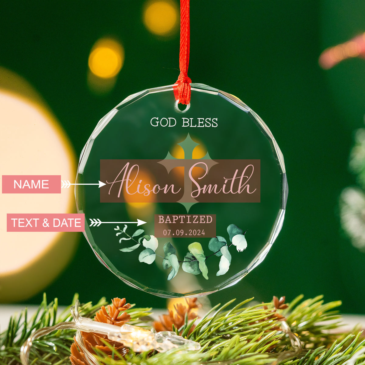 Personalized God Bless Green Cross Baptism Glass Christmas Ornament, Christening Gift - image 3