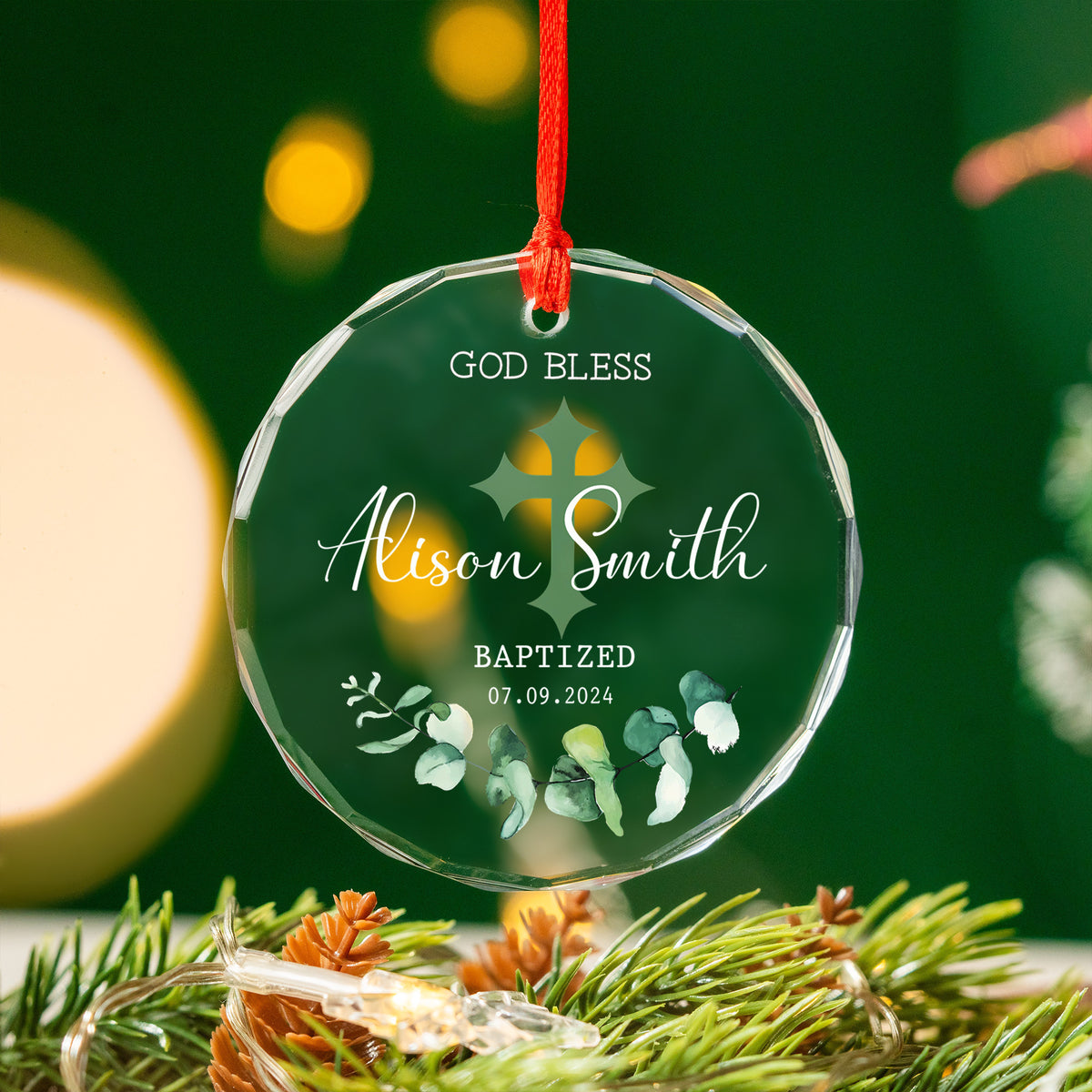 Personalized God Bless Green Cross Baptism Glass Christmas Ornament, Christening Gift