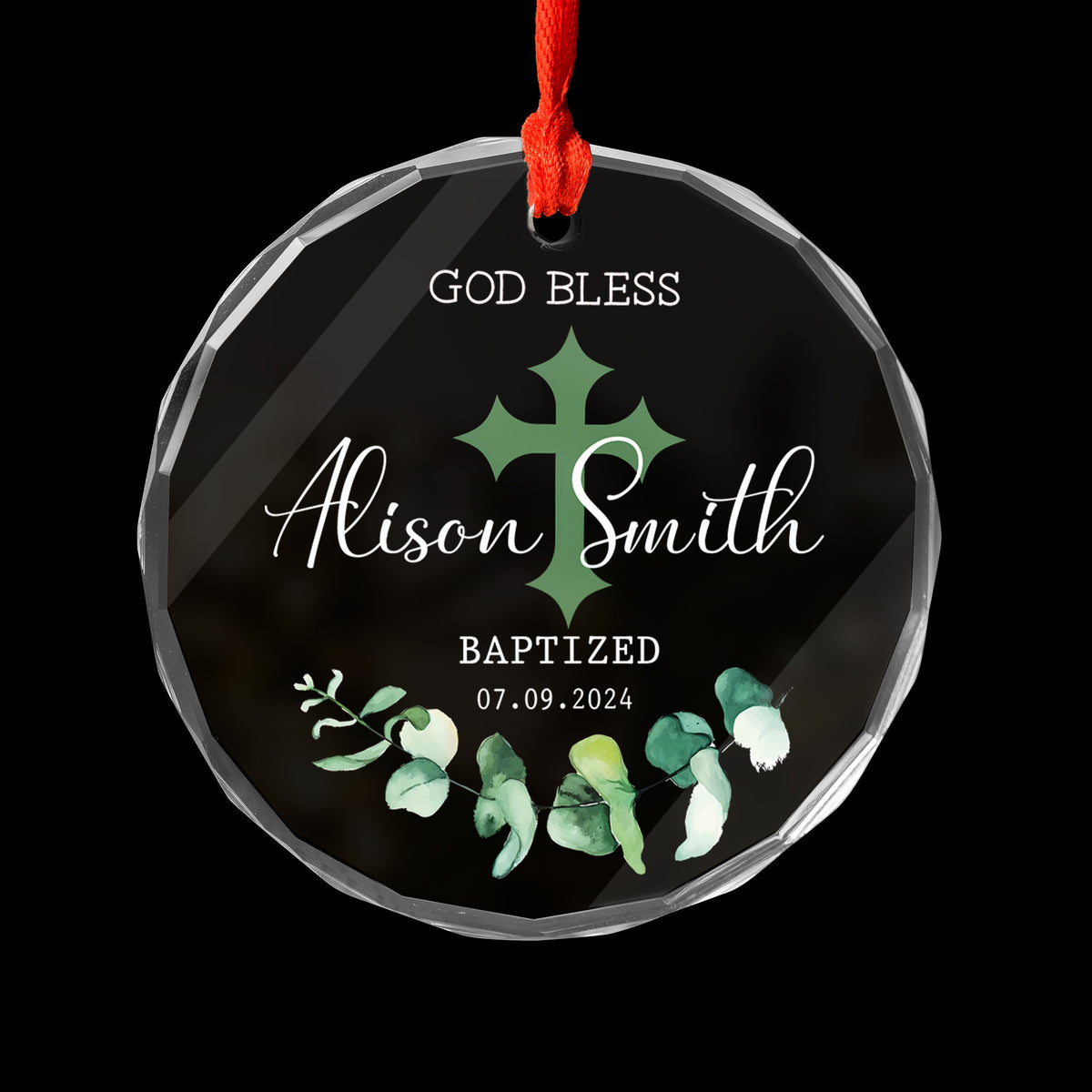 Personalized God Bless Green Cross Baptism Glass Christmas Ornament, Christening Gift - image 5