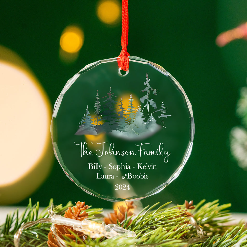 Personalized Forest Family Glass Christmas Ornament with Pet Name, Christmas Family Gift