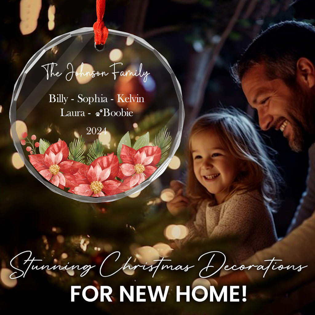 Personalized Red Floral Family Name Glass Christmas Ornament, Christmas Family Gift - image 2