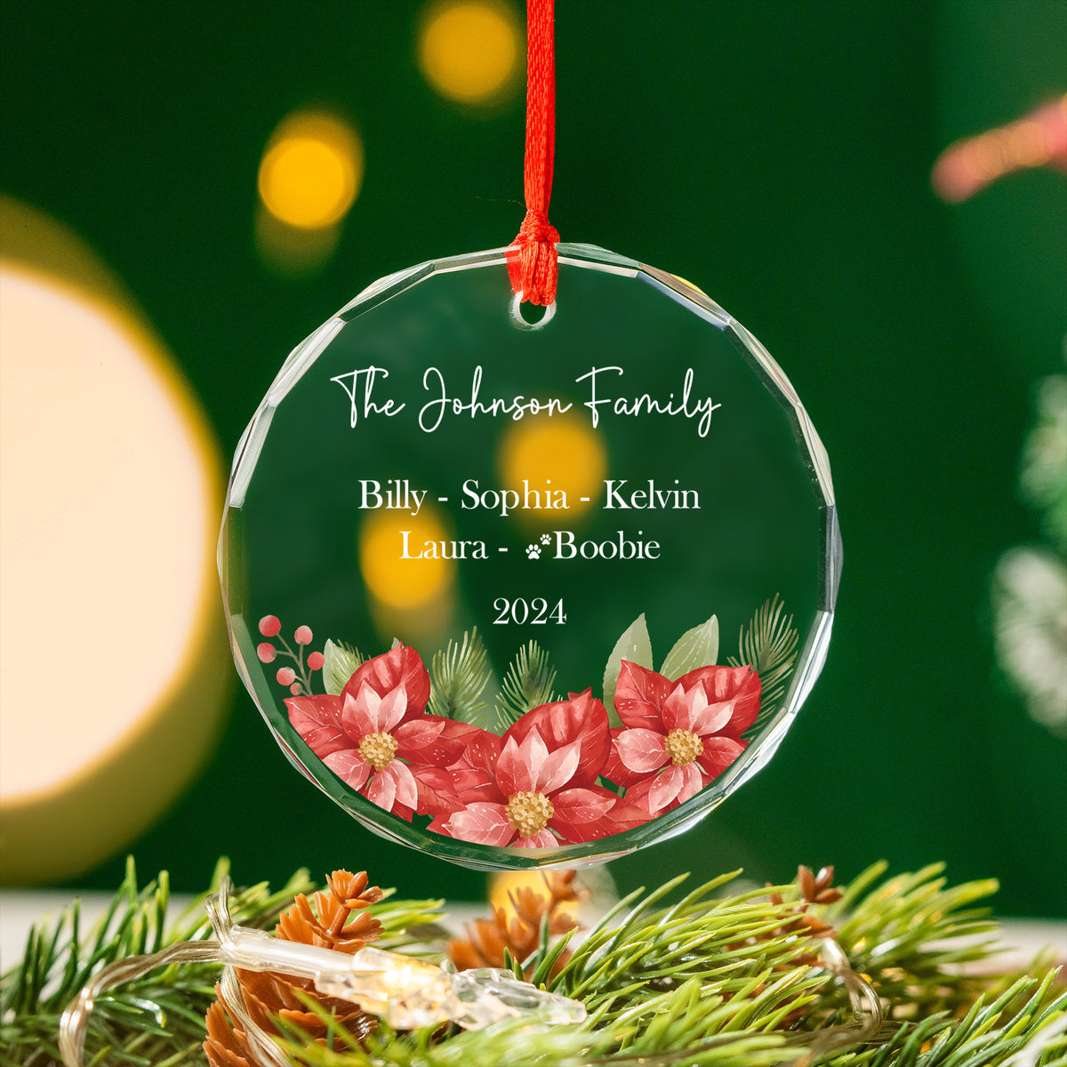 Personalized Red Floral Family Name Glass Christmas Ornament, Christmas Family Gift