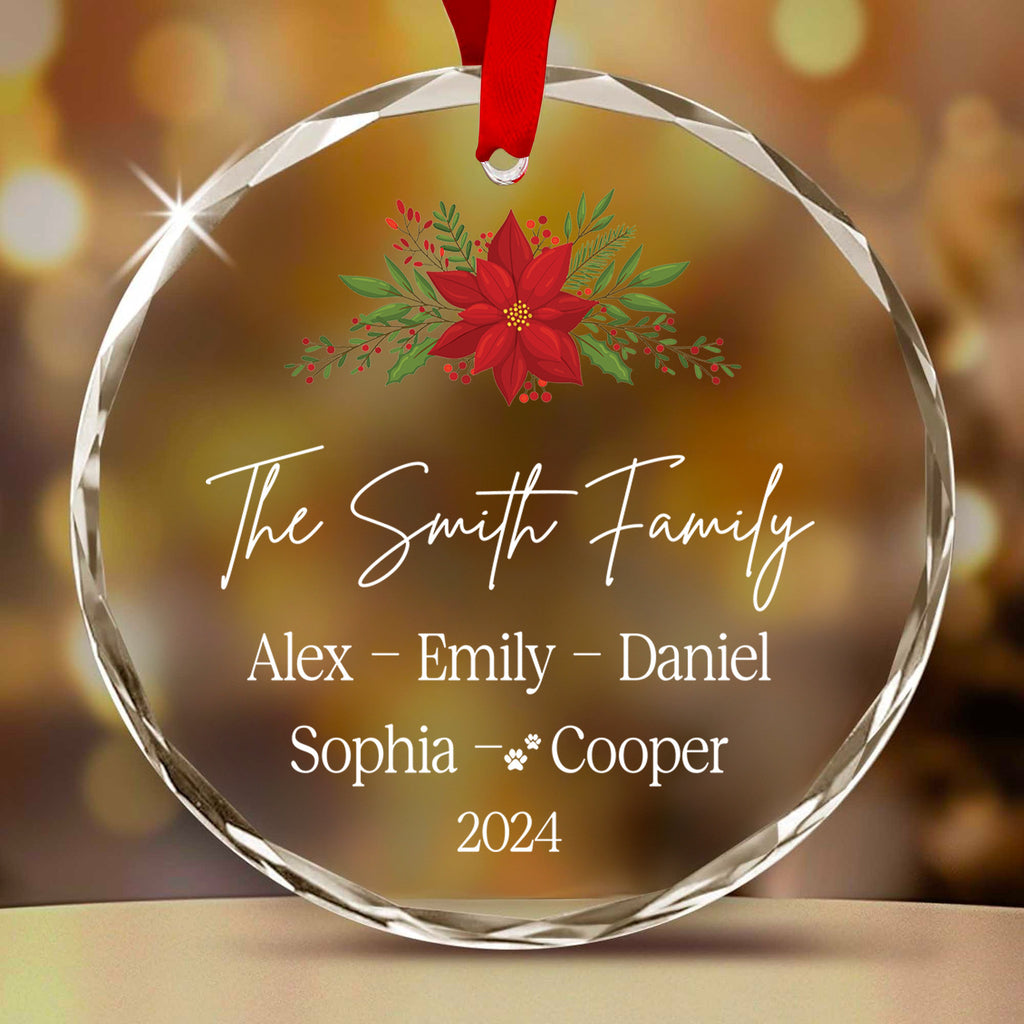 Personalized Family Christmas Tree Glass Ornament with Pet Names 2026, Family Gift