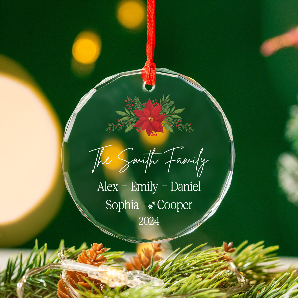 Personalized Family Christmas Tree Glass Ornament with Pet Names 2026, Family Gift - image 4
