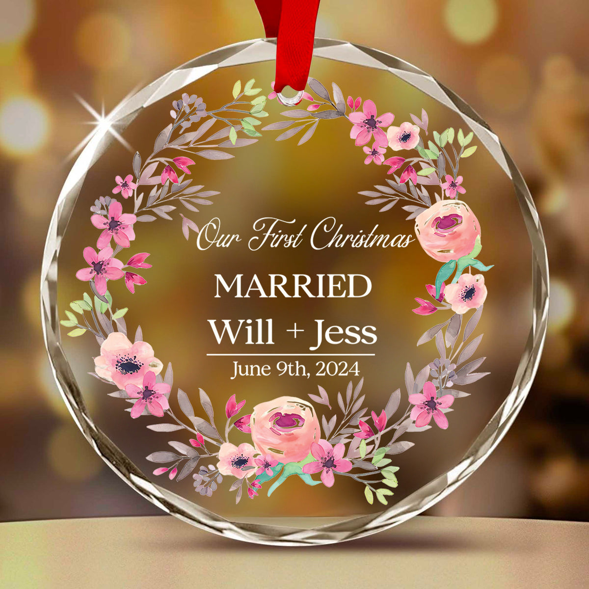 Personalized Floral Engagement Glass Christmas Ornament, Wedding Gift