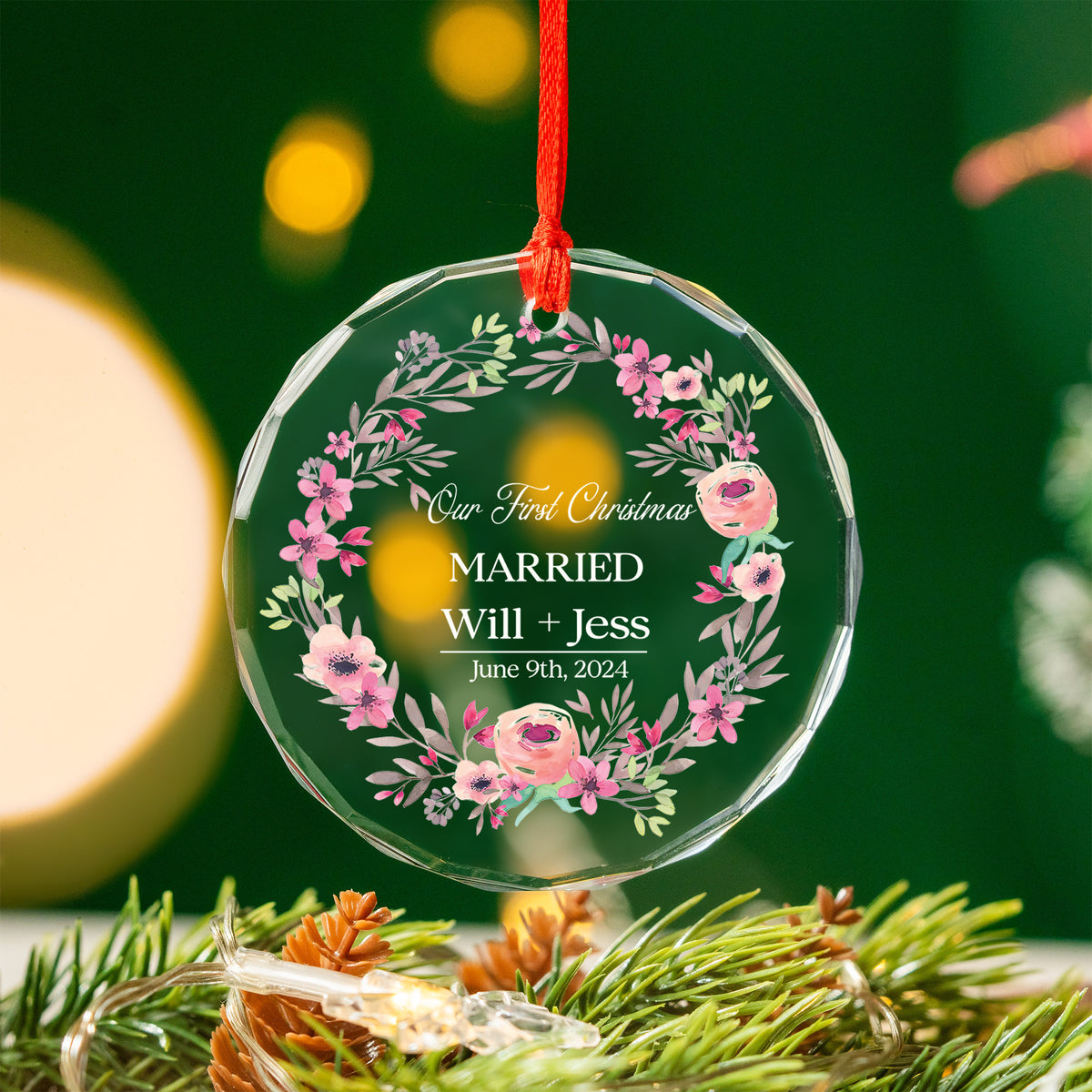Personalized Floral Engagement Glass Christmas Ornament, Wedding Gift - image 3