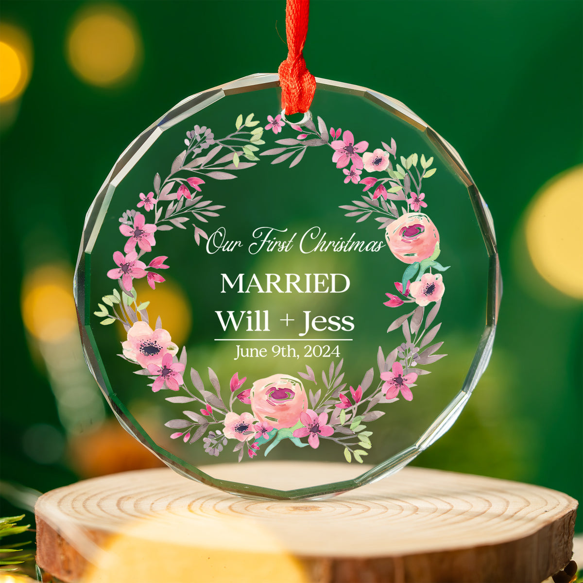 Personalized Floral Engagement Glass Christmas Ornament, Wedding Gift - image 4