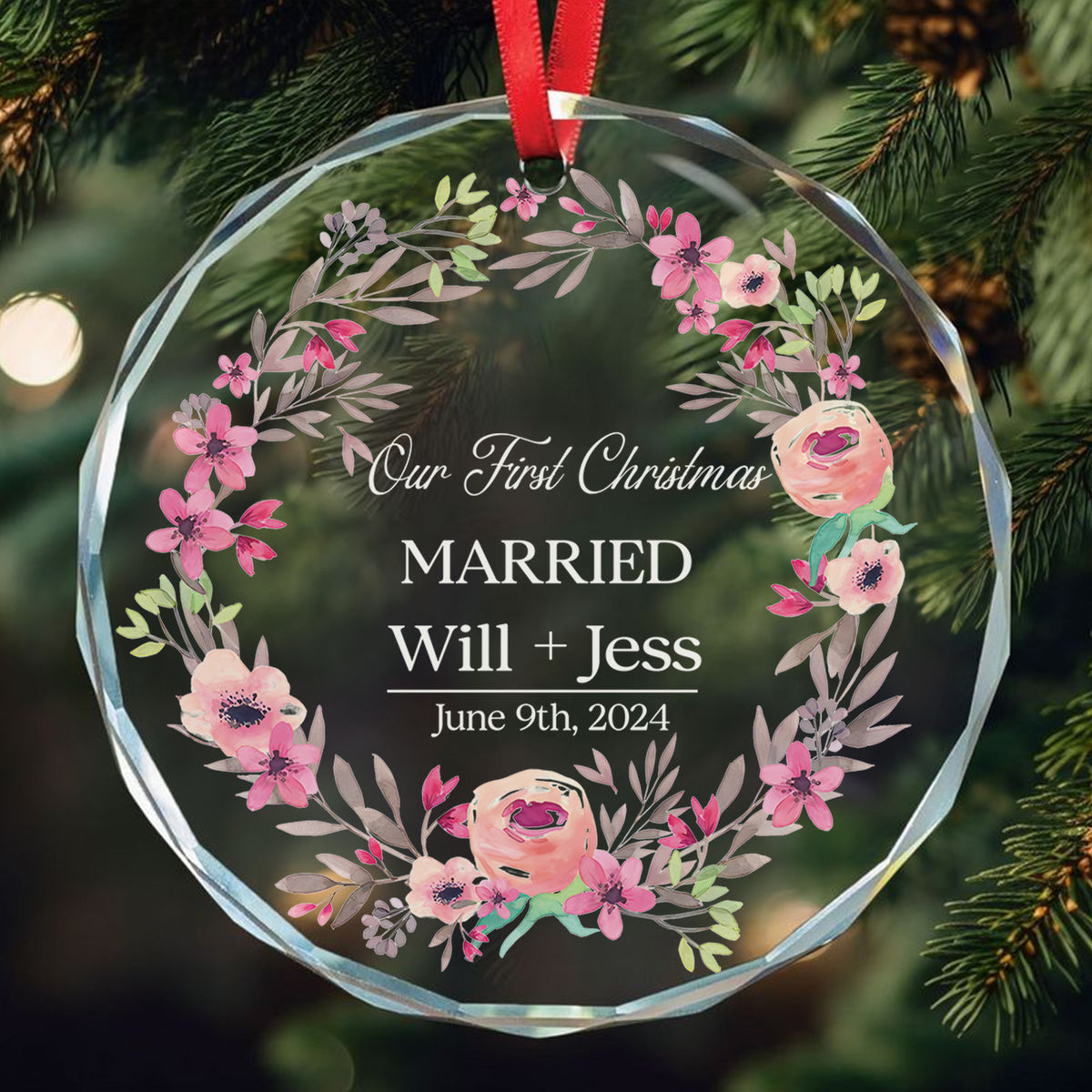 Personalized Floral Engagement Glass Christmas Ornament, Wedding Gift - image 2