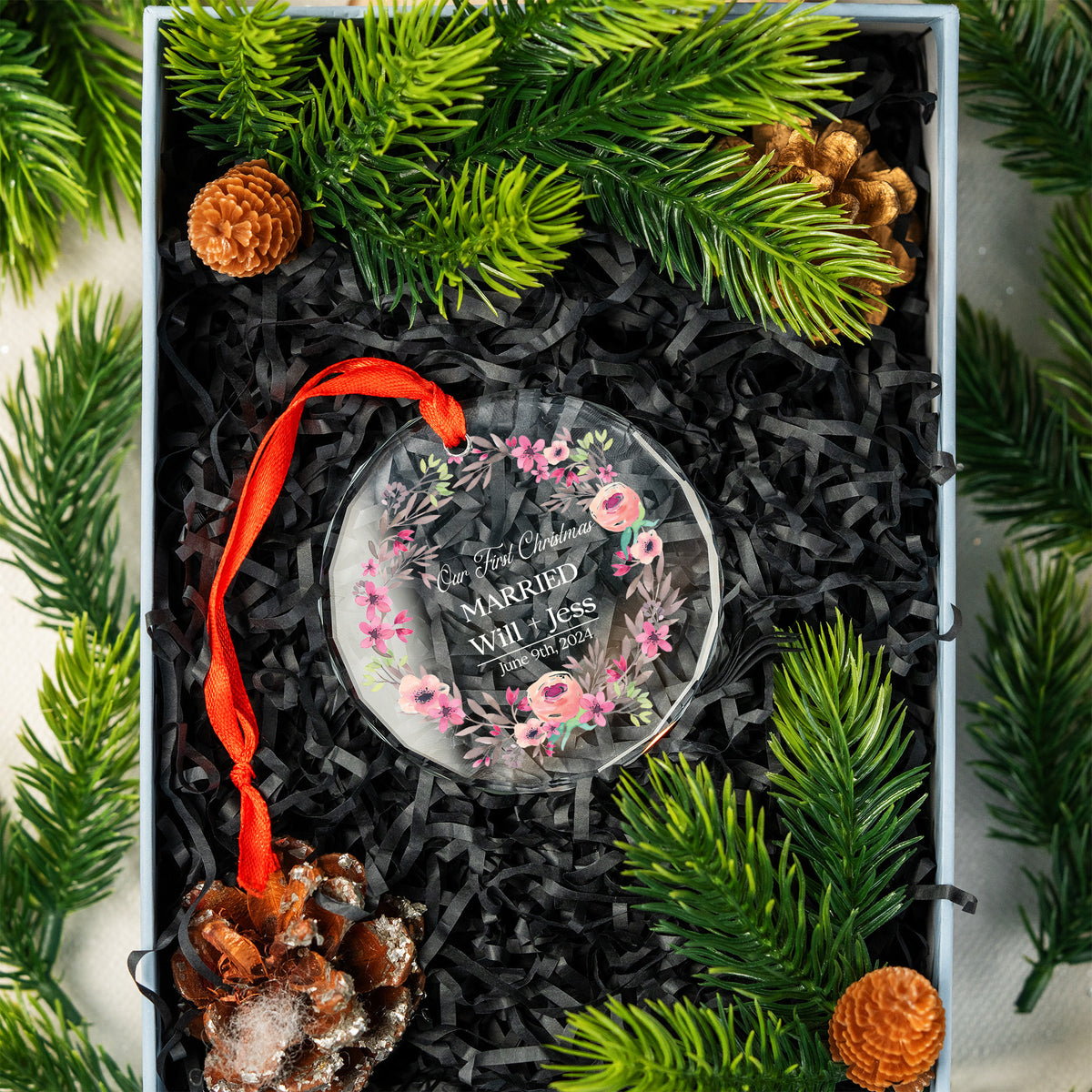 Personalized Floral Engagement Glass Christmas Ornament, Wedding Gift - image 5