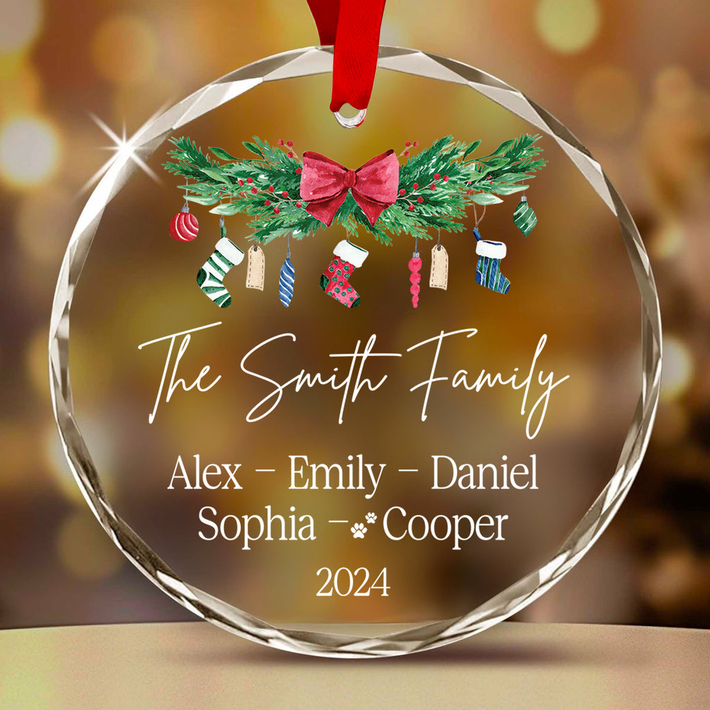 Personalized Family Members Names Glass Christmas Ornament with Pets, Christmas Gift