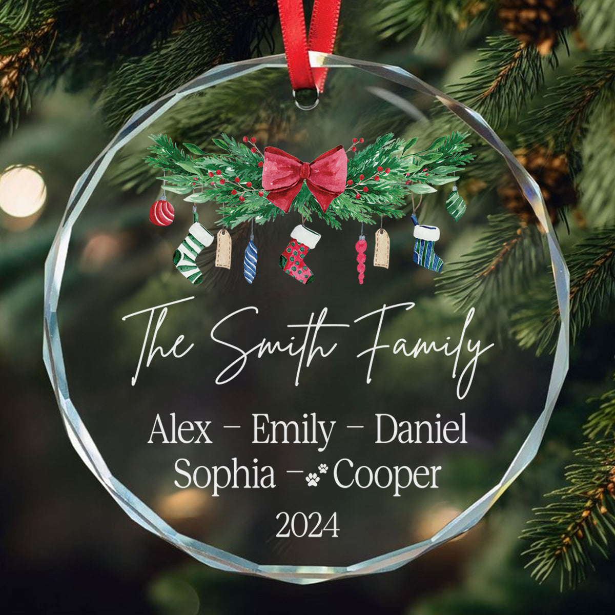 Personalized Family Members Names Glass Christmas Ornament with Pets, Christmas Gift - image 2