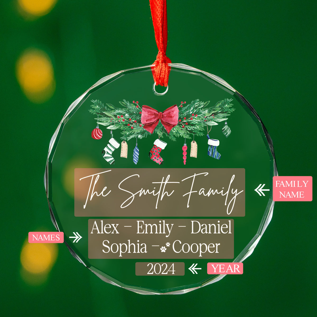 Personalized Family Members Names Glass Christmas Ornament with Pets, Christmas Gift - image 8
