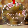 Personalized Floral First Christmas as Married or Engaged Glass Ornament, Couples Gift