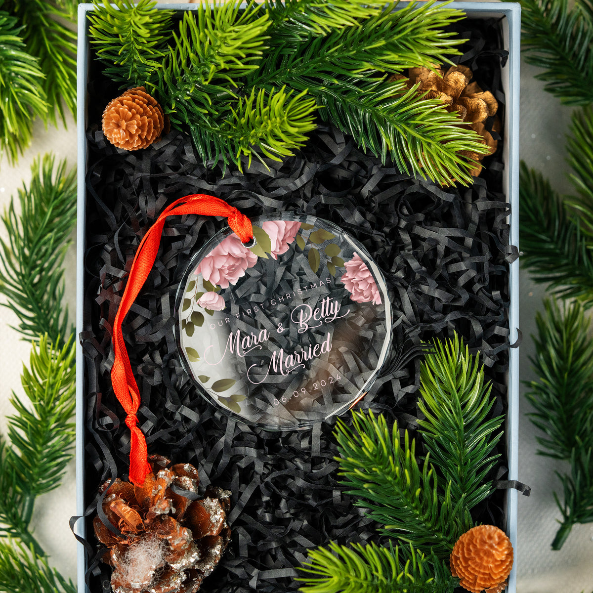 Personalized Floral First Christmas as Married or Engaged Glass Ornament, Couples Gift - image 5