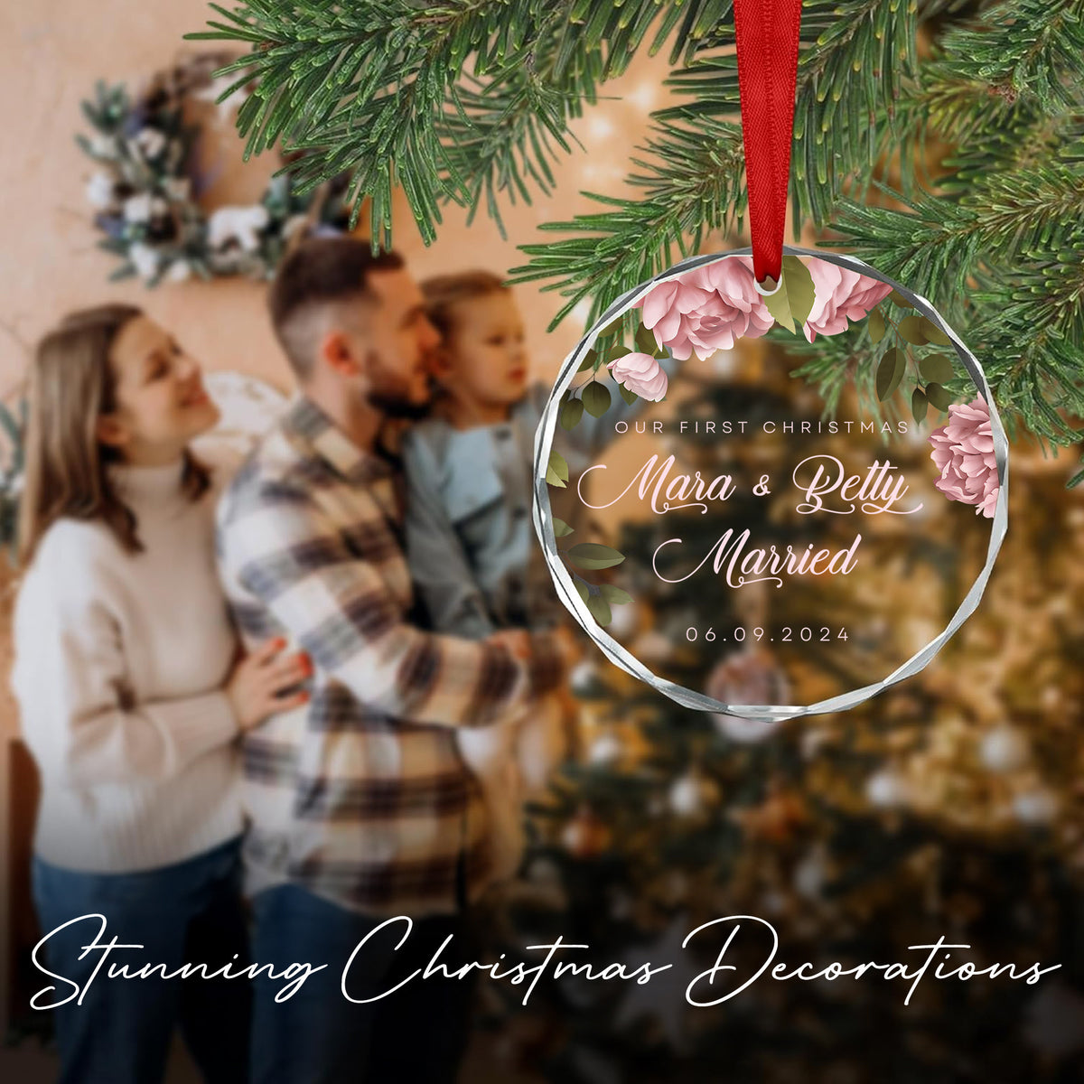 Personalized Floral First Christmas as Married or Engaged Glass Ornament, Couples Gift - image 6