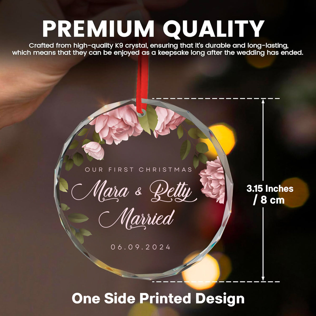 Personalized Floral First Christmas as Married or Engaged Glass Ornament, Couples Gift - image 7