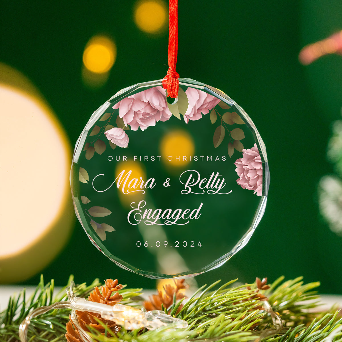 Personalized Floral First Christmas as Married or Engaged Glass Ornament, Couples Gift - image 11