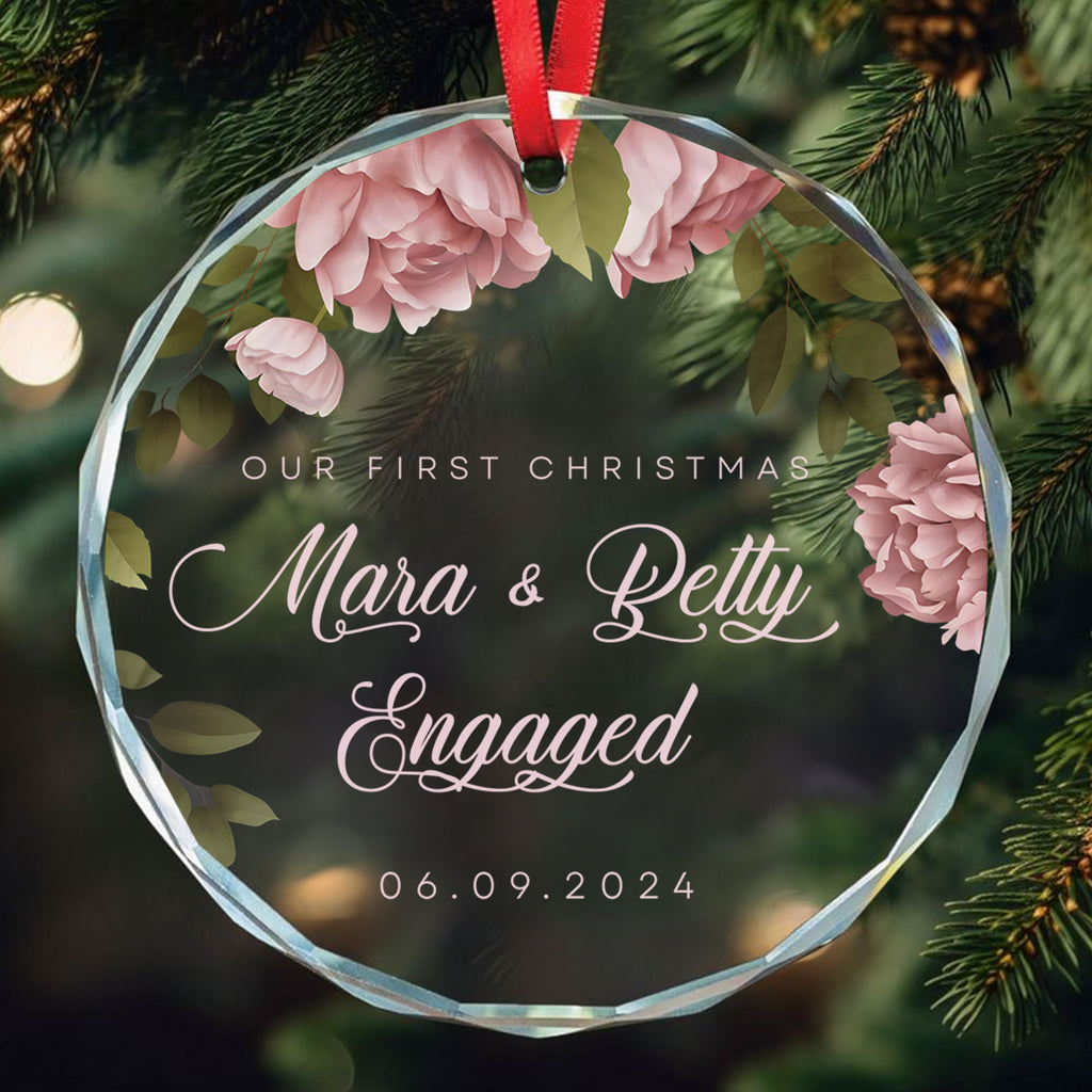 Personalized Floral First Christmas as Married or Engaged Glass Ornament, Couples Gift - image 10