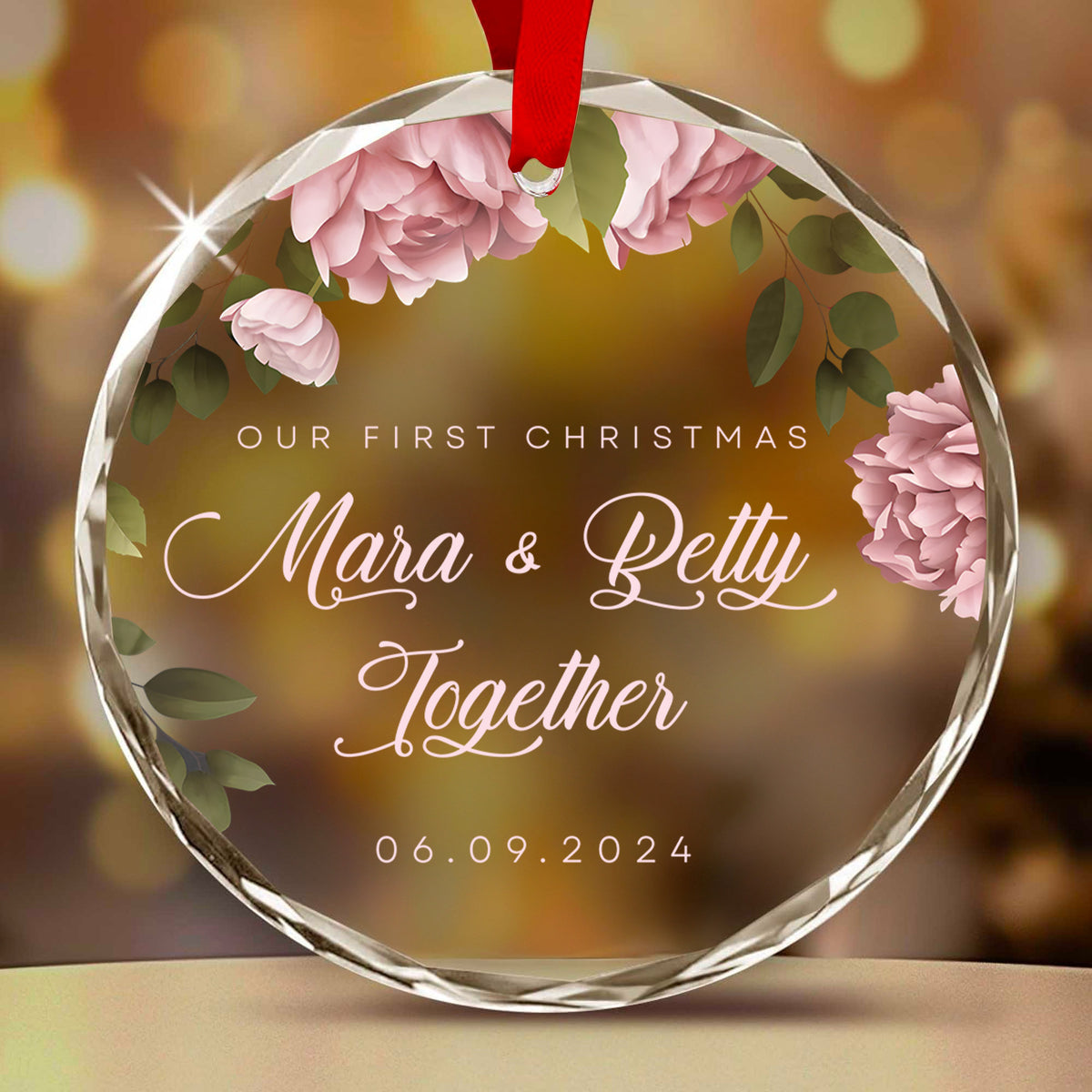 Personalized Floral First Christmas as Married or Engaged Glass Ornament, Couples Gift - image 13