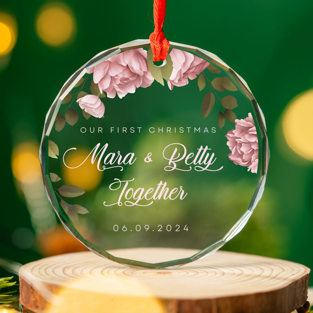 Personalized Floral First Christmas as Married or Engaged Glass Ornament, Couples Gift - image 16