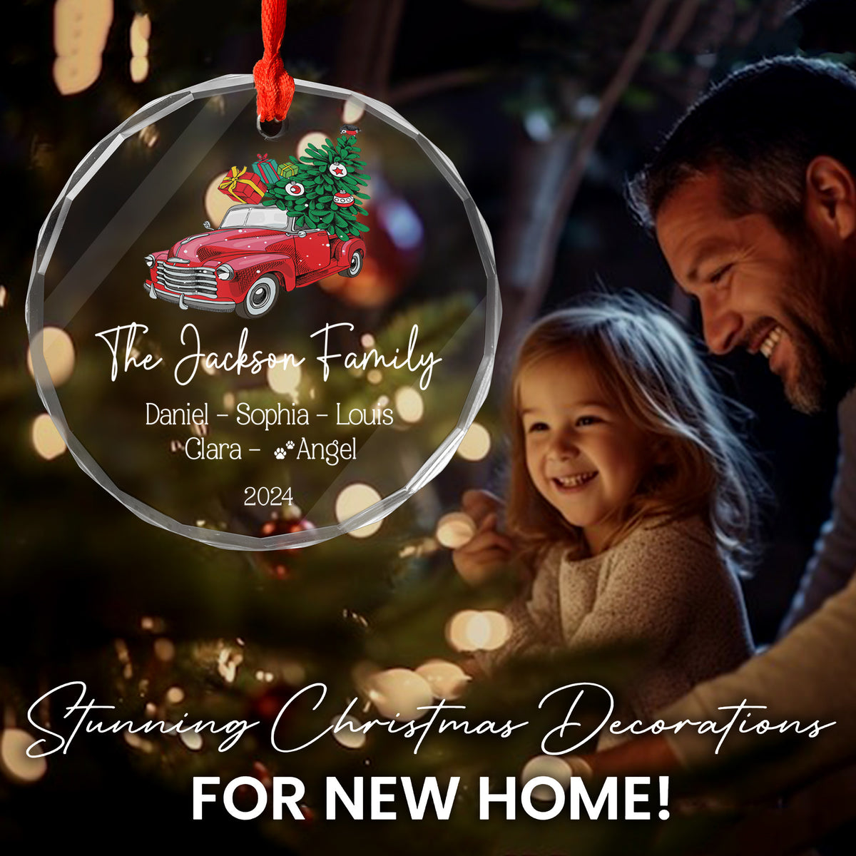 Personalized Red Truck Family Glass Christmas Ornament with Pets 2026, Christmas Family Gift - image 2