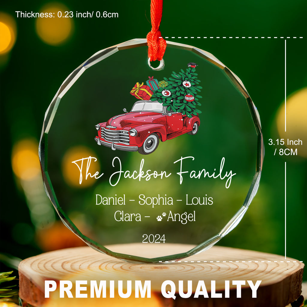 Personalized Red Truck Family Glass Christmas Ornament with Pets 2026, Christmas Family Gift - image 3