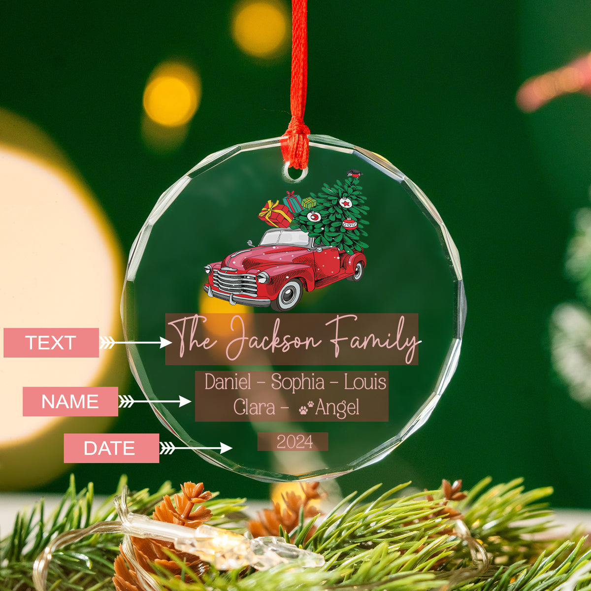 Personalized Red Truck Family Glass Christmas Ornament with Pets 2026, Christmas Family Gift - image 4