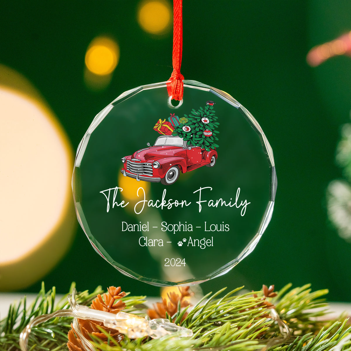 Personalized Red Truck Family Glass Christmas Ornament with Pets 2026, Christmas Family Gift