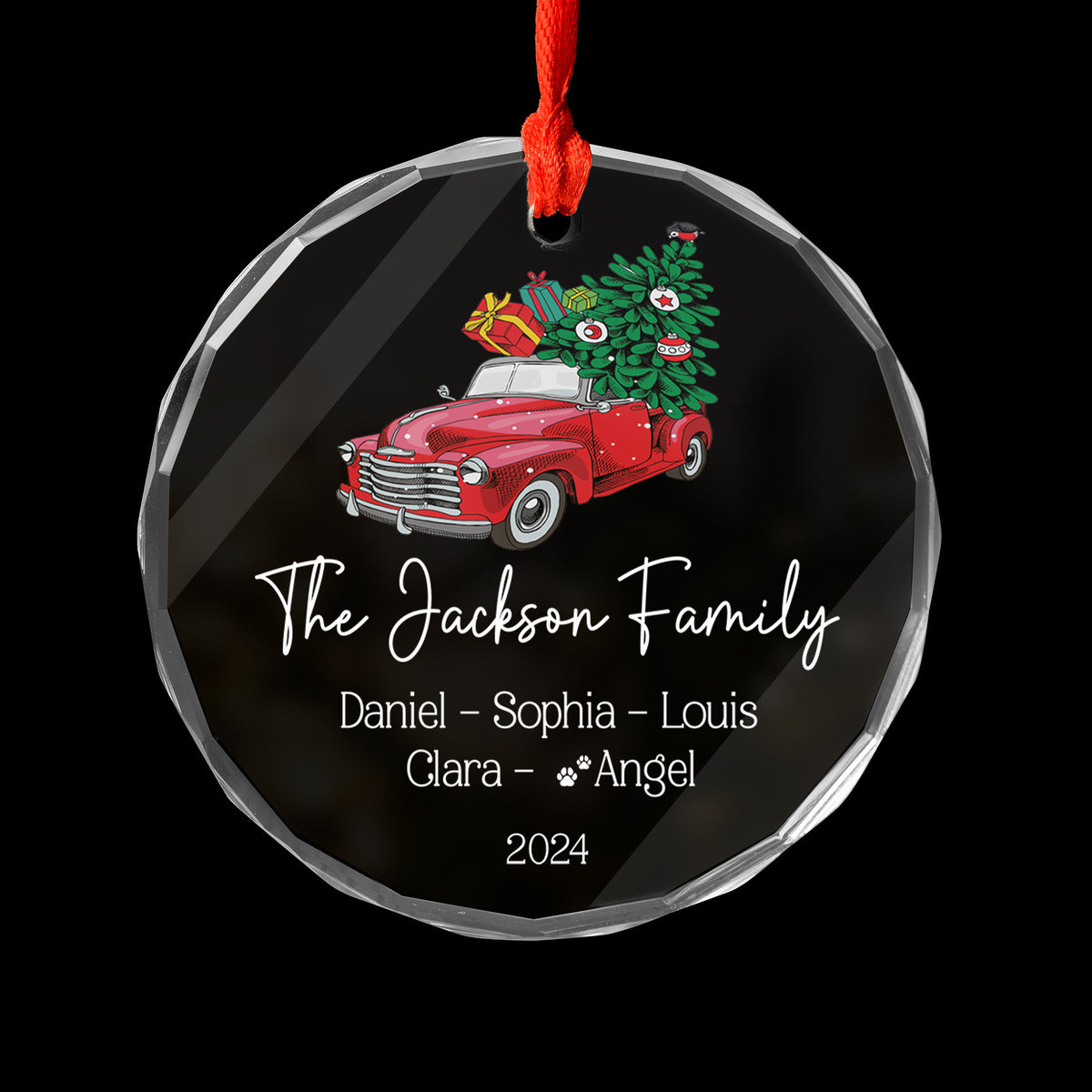 Personalized Red Truck Family Glass Christmas Ornament with Pets 2026, Christmas Family Gift - image 6