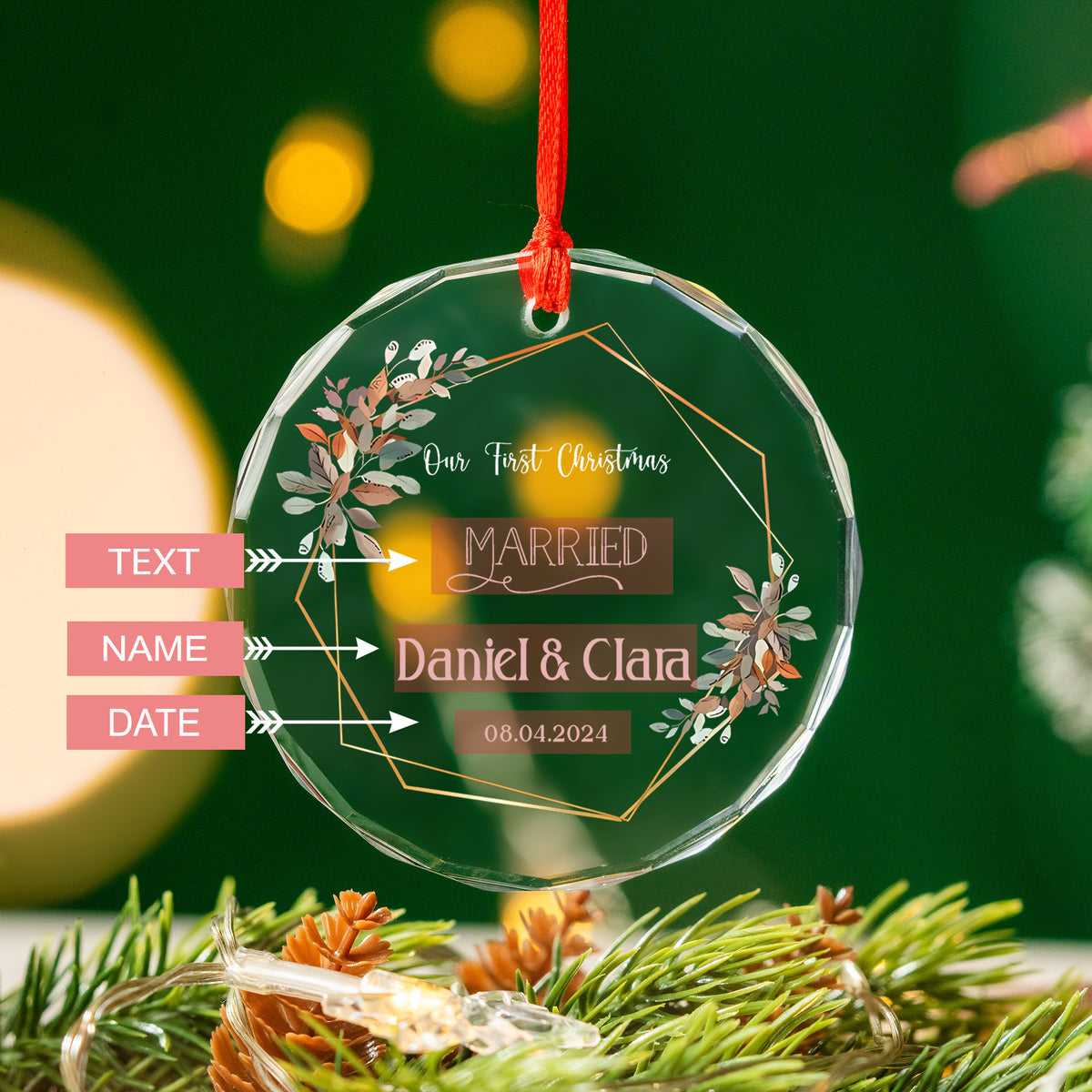 Personalized Our First Christmas Married Glass Ornament, Anniversary Gift for Couple - image 3
