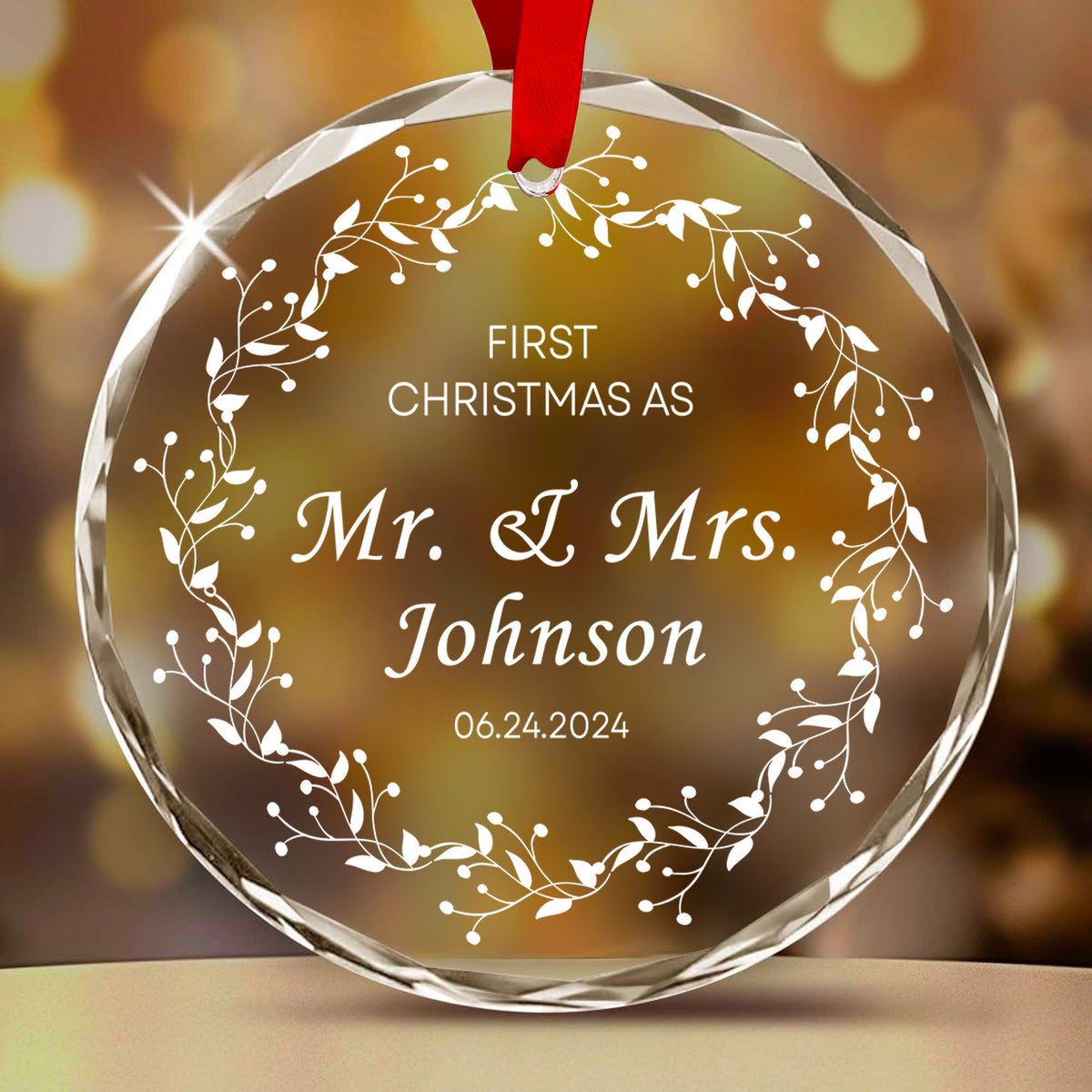 Personalized Mr and Mrs Glass Christmas Ornament with Family Name and Date, Wedding Gift