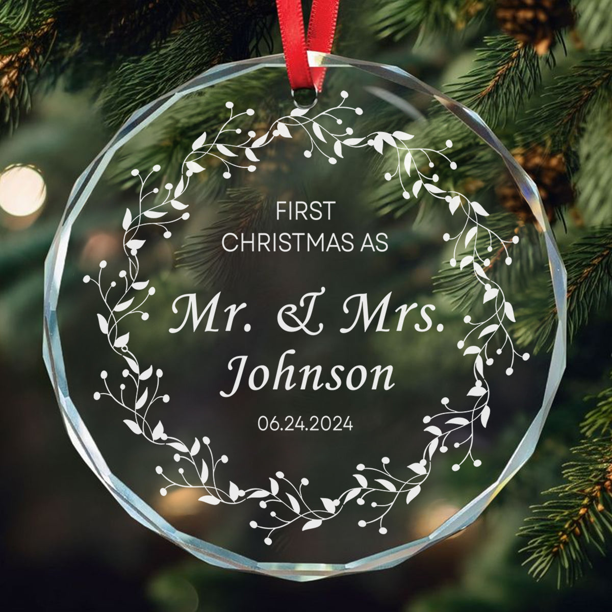 Personalized Mr and Mrs Glass Christmas Ornament with Family Name and Date, Wedding Gift - image 2