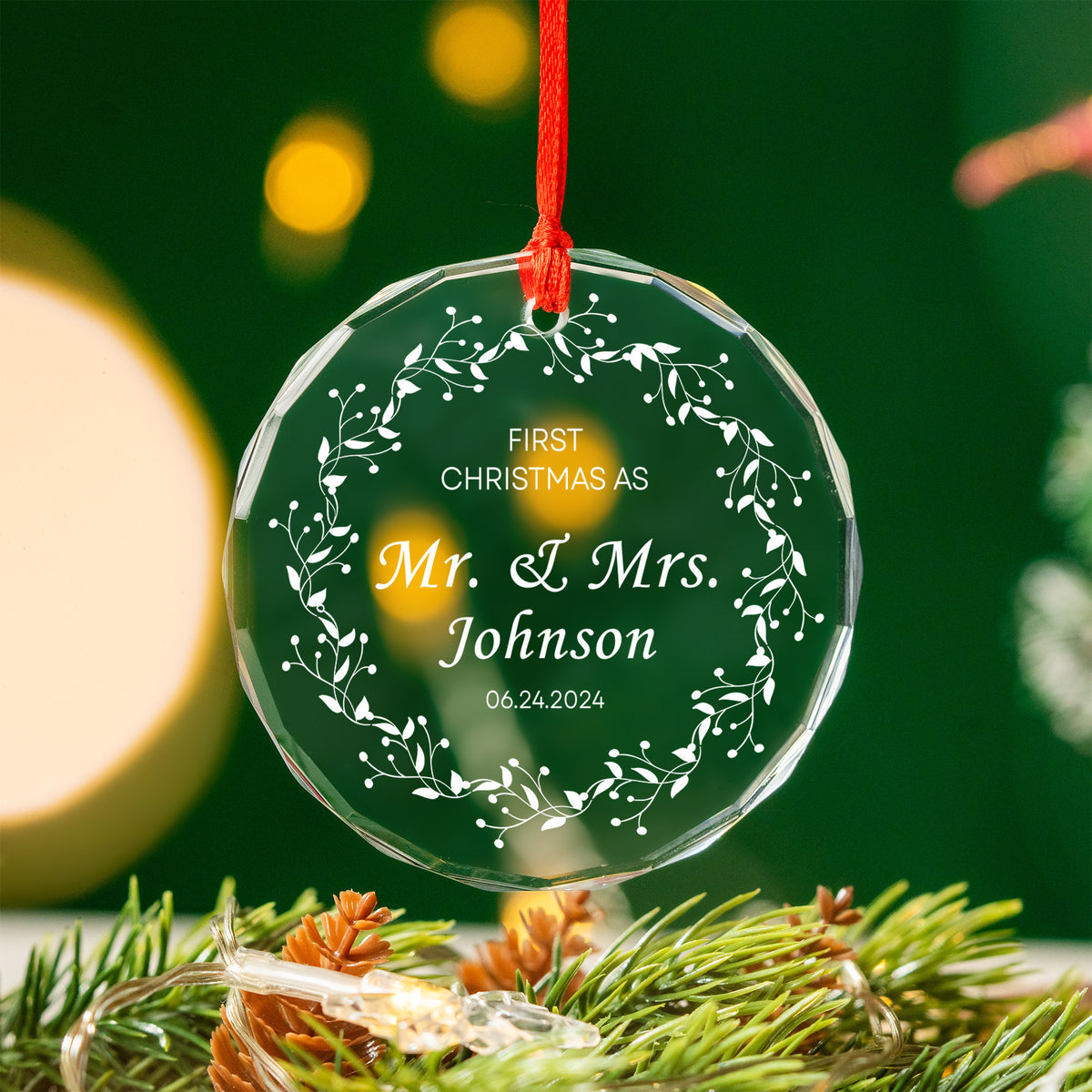 Personalized Mr and Mrs Glass Christmas Ornament with Family Name and Date, Wedding Gift - image 3