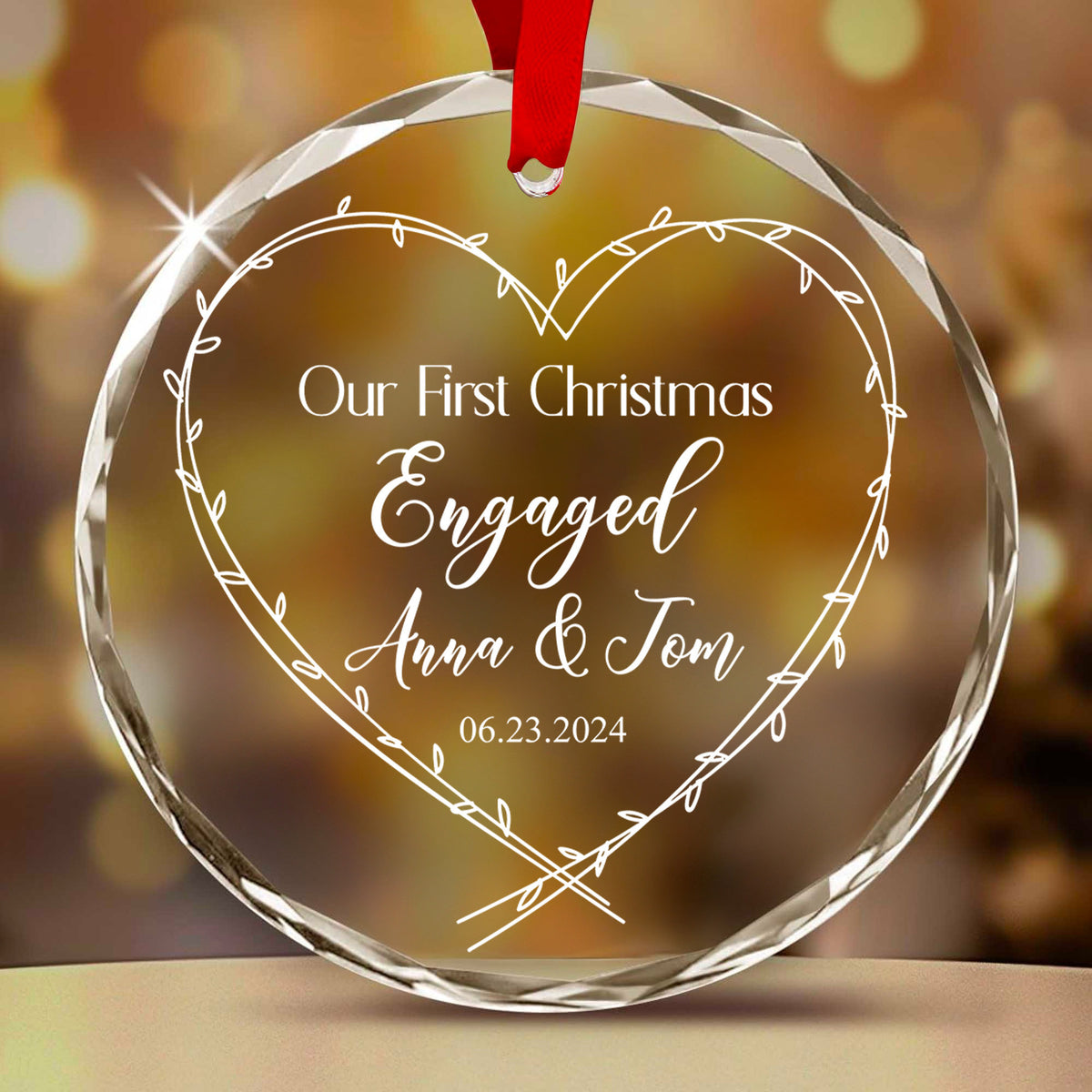 Personalized Heart First Christmas as Engaged Glass Ornament, Engagement Gift