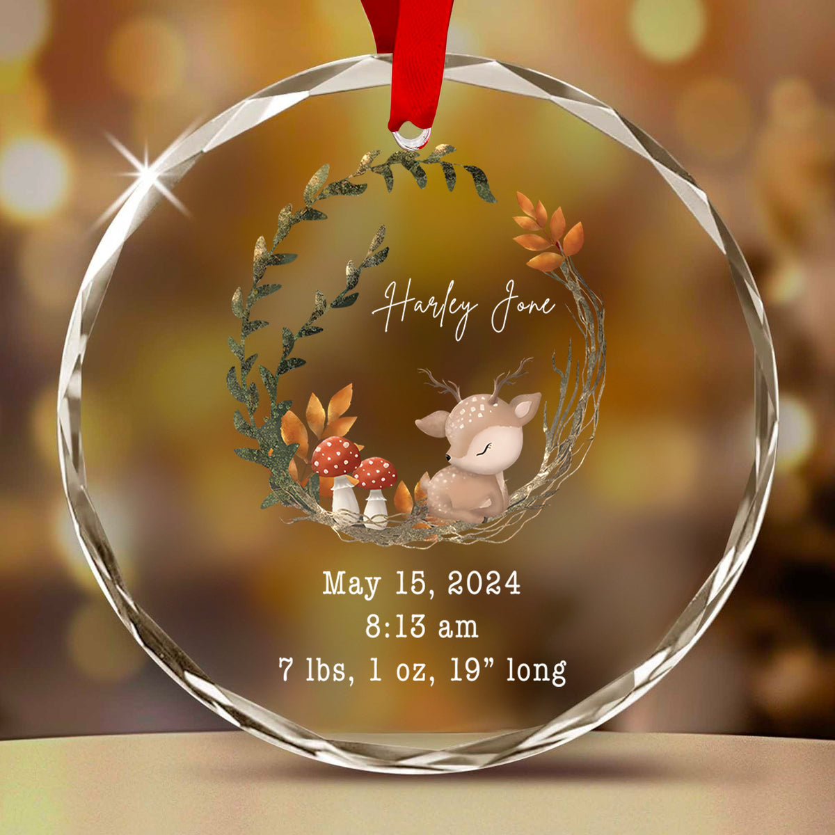 Personalized Reindeer Baby Stats Glass Christmas Ornament, New Baby Gift