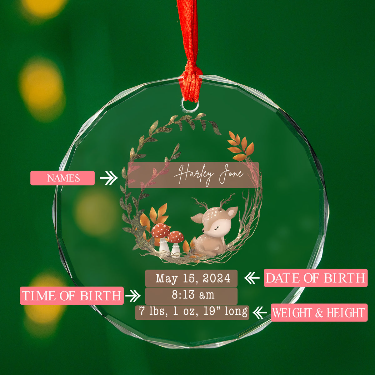 Personalized Reindeer Baby Stats Glass Christmas Ornament, New Baby Gift - image 3