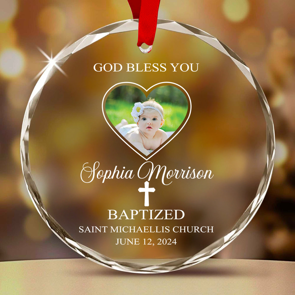 Personalized Baby's Baptism Glass Christmas Ornament with Church Name, Baptism Favor Gift