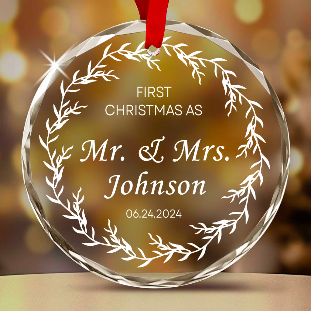 Personalized Mr and Mrs 1st Christmas Married Glass Ornament, Family Name and Date