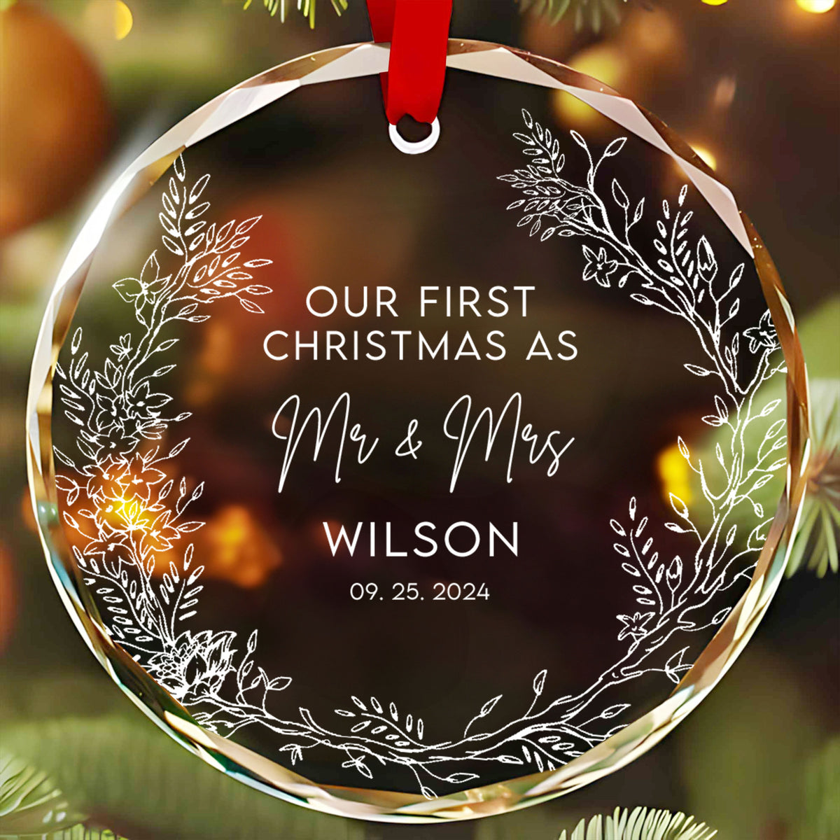 Personalized Merry and Married Glass Christmas Ornament, Wedding Gift